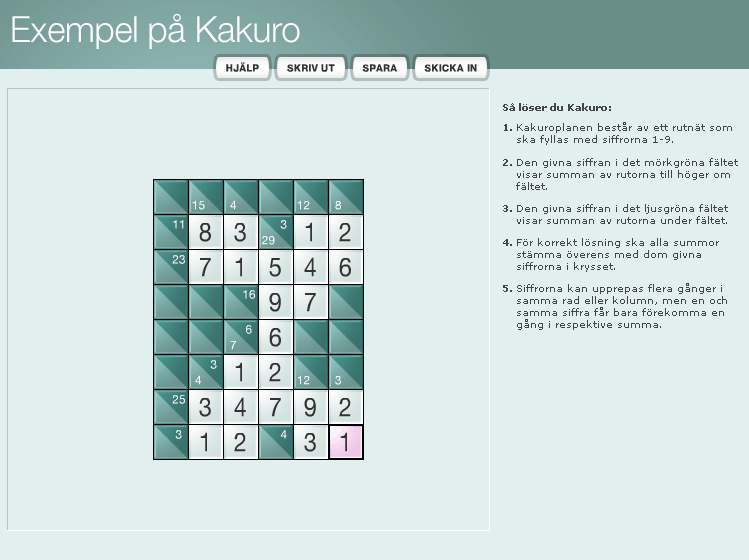 Exempel p� ett korrekt l�st Kakuro